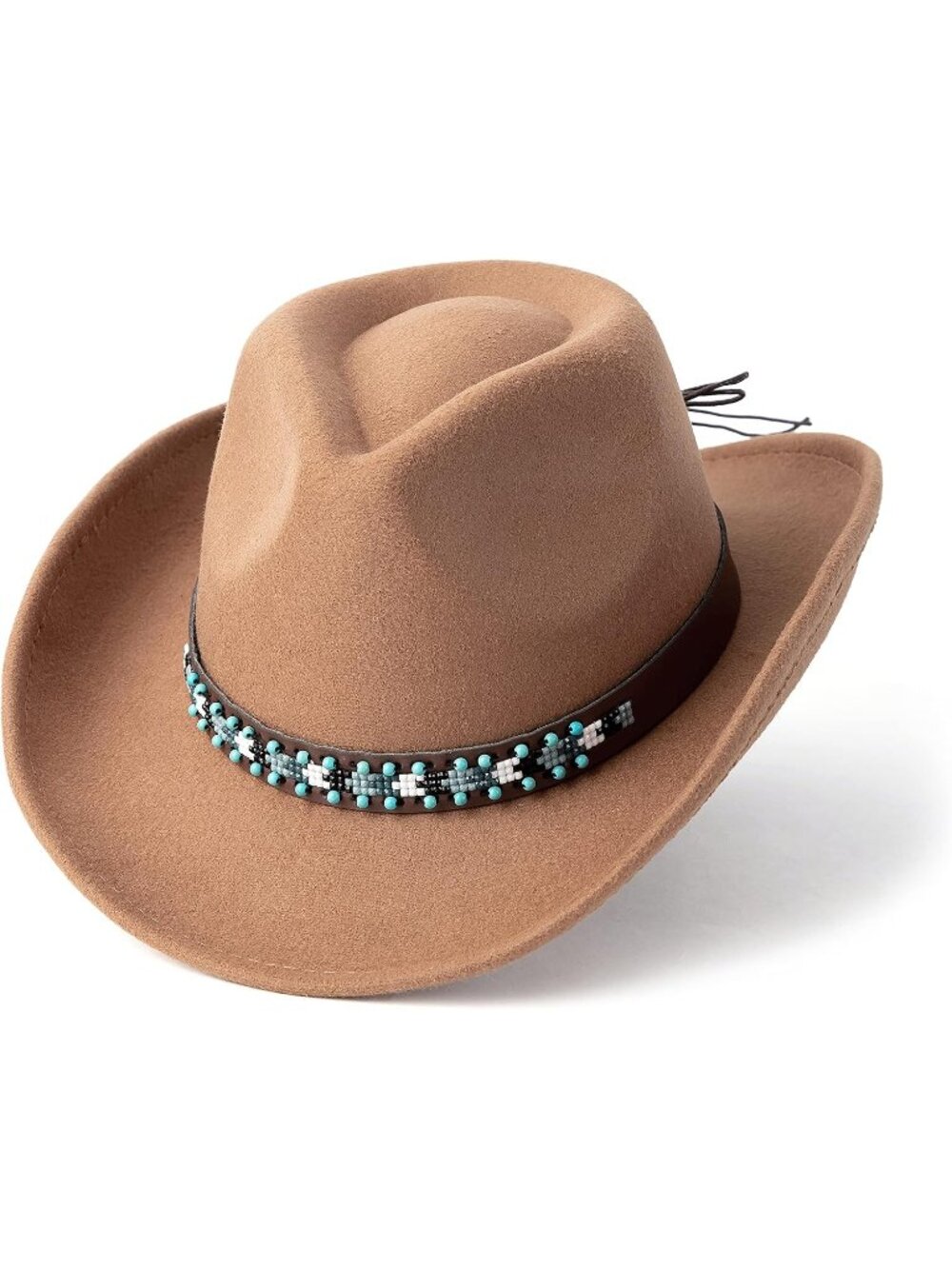 Unisex Beaded Khaki Felt For Wide Brim Adjustable Fit Cowboy Western Cowgirl Hat